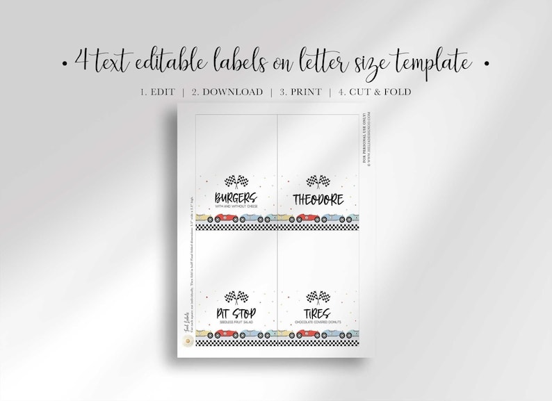 A single letter size template sheet displaying four editable race car fold over labels with instructions above.
