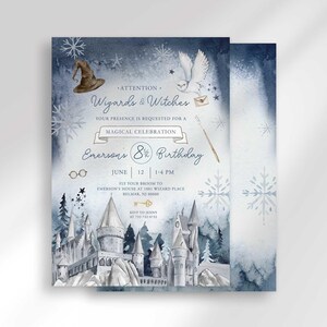 The wintery wizard-themed invitation for Emerson with a second card showing the snowflake-patterned back design peeking out behind it.