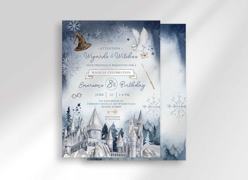 The wintery wizard-themed invitation for Emerson with a second card showing the snowflake-patterned back design peeking out behind it.