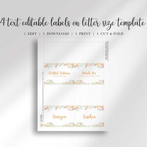 A letter-sized printable template displays four editable peach-themed label designs.