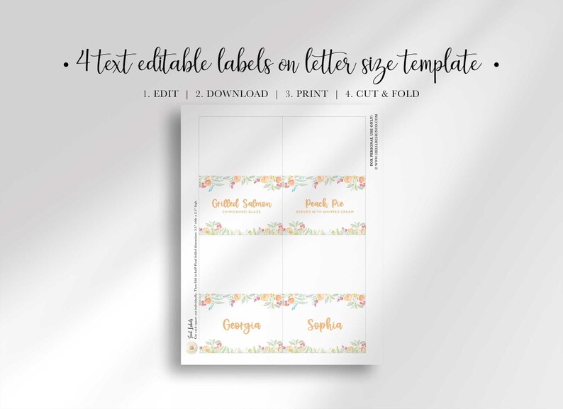 A letter-sized printable template displays four editable peach-themed label designs.