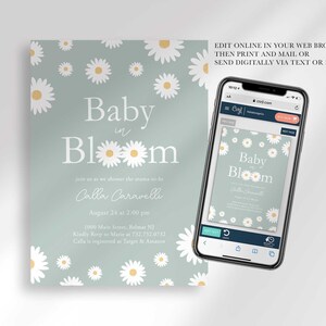 Graphic showing the invitation displayed on a smartphone, explaining that customers can edit it online in their web browser, then print and mail it or send it digitally via text or email.