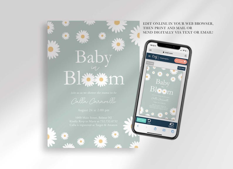 Graphic showing the invitation displayed on a smartphone, explaining that customers can edit it online in their web browser, then print and mail it or send it digitally via text or email.