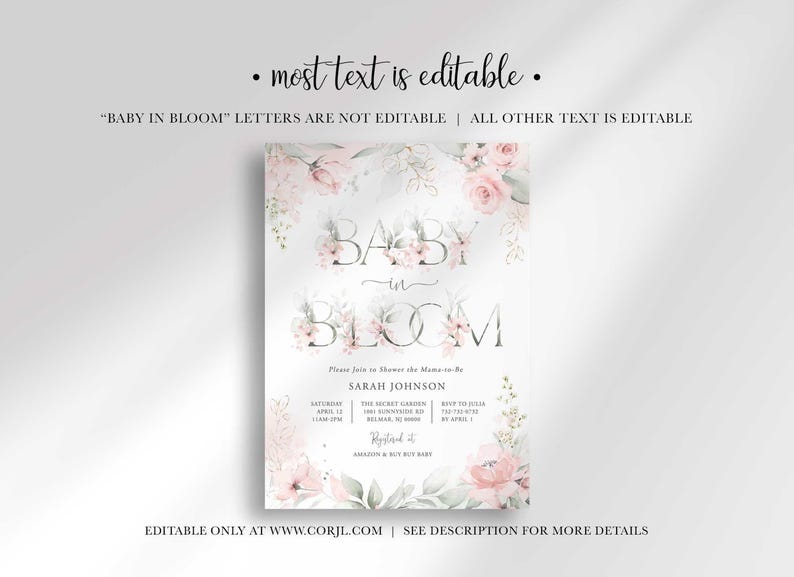 editable baby in bloom shower invitation