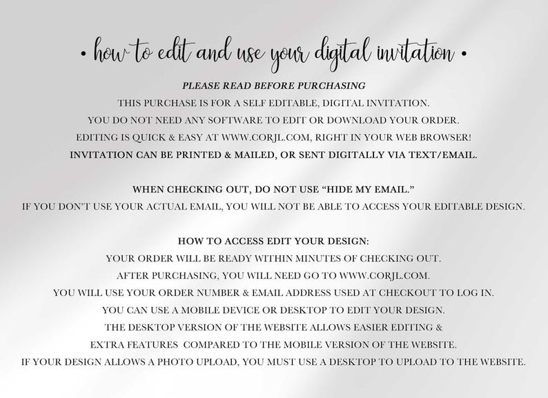 Text card with instructions for how to edit and use the digital invitation via Corjl.com, including checkout tips and device requirements.