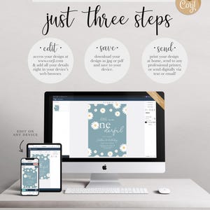 Graphic explaining the 'just three steps' process: edit your design at Corjl.com in your browser, save it as a JPG or PDF, and send it by printing at home, using a professional printer, or sending digitally, shown with the design displayed on a desktop computer, tablet, and phone.