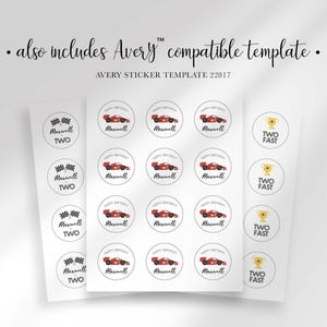 An explainer graphic reading "also includes Avery compatible template, Avery sticker template 22817" showing a sheet of round race car-themed stickers reading "Maxwell Two" and "Happy Birthday Maxwell" with a trophy icon.