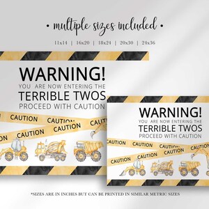 Comparison of the two available sizes for the Terrible Twos construction print: 11x14, 16x20, 18x24, 20x30, and 24x36 inches, printable in similar metric sizes.