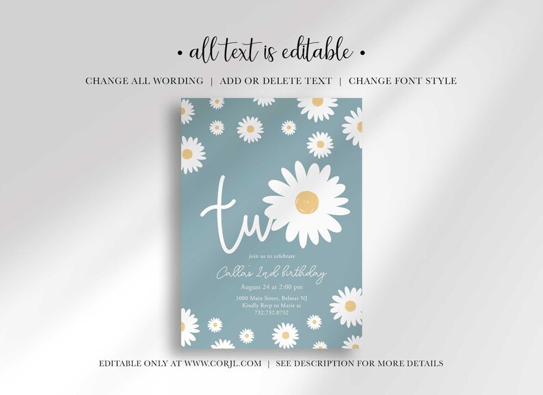 Graphic explaining that all text on the invitation is editable, with options to change wording, add or delete text, and change font style, noting it is editable only at Corjl.com.