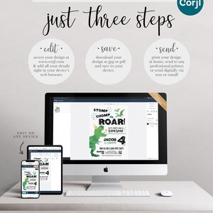 A Corjl explainer graphic reading 'just three steps: edit, save, send' with instructions to access and edit the design at corjl.com, download as JPG or PDF, then print at home or send digitally, shown over a desktop computer, tablet, and phone displaying Jacob's invitation.