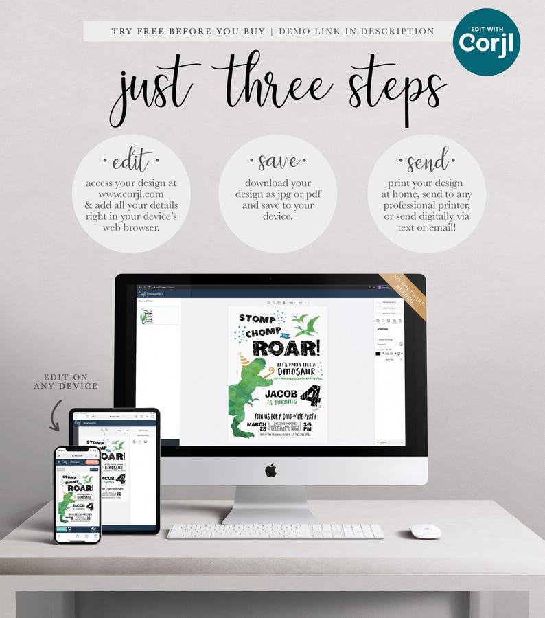 A Corjl explainer graphic reading 'just three steps: edit, save, send' with instructions to access and edit the design at corjl.com, download as JPG or PDF, then print at home or send digitally, shown over a desktop computer, tablet, and phone displaying Jacob's invitation.