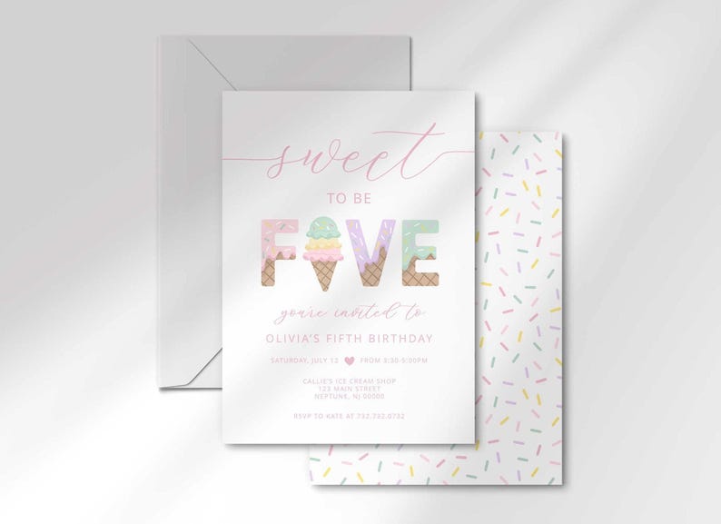 The invitation's front design shown angled and stacked in front of a matching pastel sprinkle-pattern back and a gray envelope.