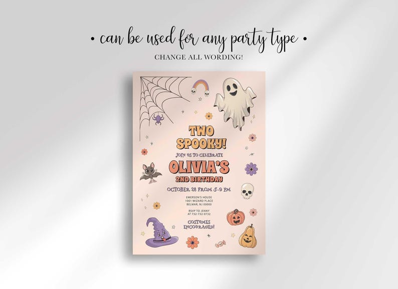 An explainer graphic reading "can be used for any party type, change all wording!" showing an example with the wording changed to "Two Spooky!" for Olivia's 2nd birthday.