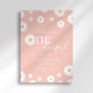 Little Miss Onederful pink daisy themed first birthday invitation with a white daisy field, personalized with the child's name, party date, time, and address.