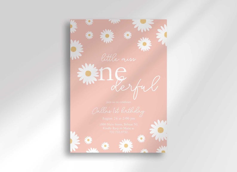 Little Miss Onederful pink daisy themed first birthday invitation with a white daisy field, personalized with the child's name, party date, time, and address.