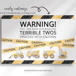 Infographic explaining the Terrible Twos welcome sign is easily customized in a web browser at Corjl.com, with desktop editing recommended.