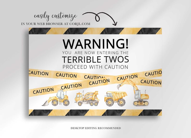 Infographic explaining the Terrible Twos welcome sign is easily customized in a web browser at Corjl.com, with desktop editing recommended.