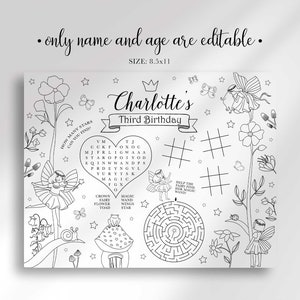 Editable Fairy Placemat for Coloring Instant Digital Download Print ...