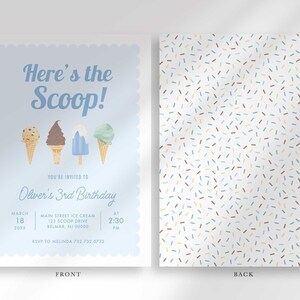Labeled front and back layout: front shows the ice cream birthday design, back shows the coordinating sprinkle pattern.