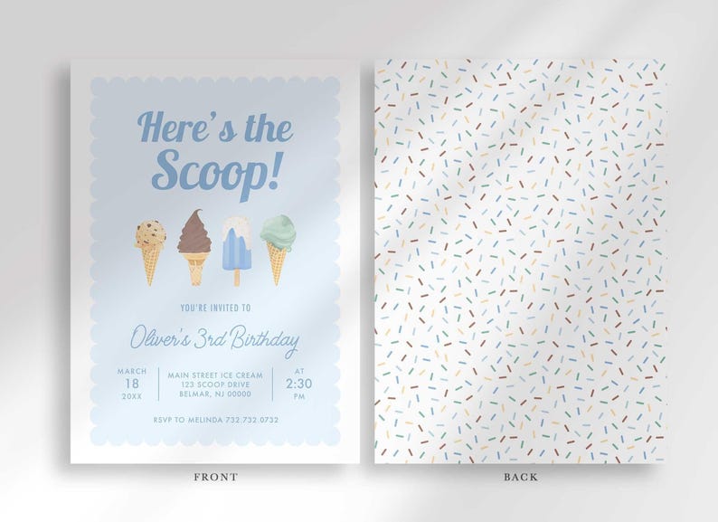 Labeled front and back layout: front shows the ice cream birthday design, back shows the coordinating sprinkle pattern.