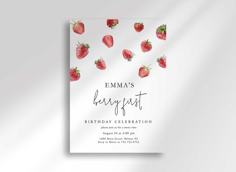 Strawberry First Birthday Invitation: Berry Sweet, Modern Girl image 3