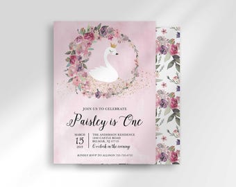 Swan Princess Birthday Invitation Template: Editable Floral Design