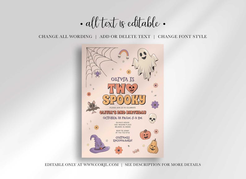 An explainer graphic reading "all text is editable" with instructions to change all wording, add or delete text, and change font style, shown over Olivia's Halloween-themed invitation design.