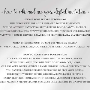 Text graphic titled how to edit and use your digital invitation, explaining that this is a self-editable digital download edited at Corjl.com in a web browser, with instructions to avoid "hide my email" at checkout and details on accessing the design with your order number and email.