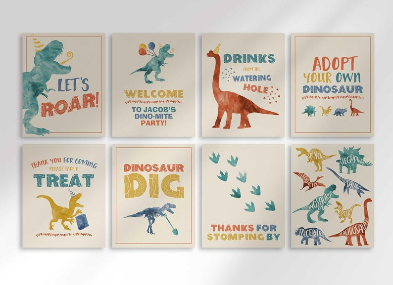 Grid overview of an 8-piece dinosaur-themed party sign set for Jacob's birthday: Let's Roar! silhouette sign, Welcome to Jacob's Dino-mite Party! sign, Drinks From the Watering Hole brontosaurus sign, Adopt Your Own Dinosaur sign, Thank You For Coming Please Take a Treat sign, Dinosaur Dig skeleton sign, Thanks for Stomping By footprints sign, and a dinosaur names chart.
