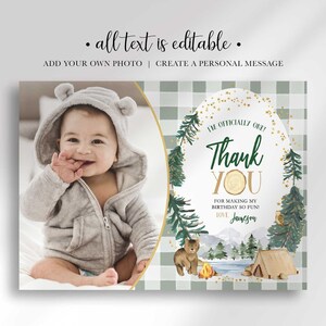 An explainer graphic reading "all text is editable, add your own photo, create a personal message" shown over Jameson's camping-themed thank you photo card.