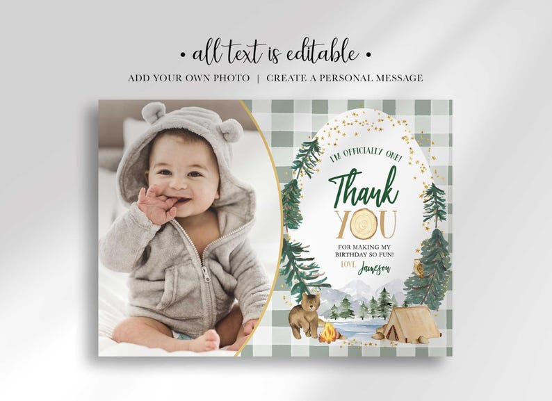 An explainer graphic reading "all text is editable, add your own photo, create a personal message" shown over Jameson's camping-themed thank you photo card.