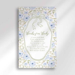 Puede incluir: Una tarjeta blanca con un borde floral y un poema sobre libros para bebés. El poema dice: "Un pequeño libro dulce es justo lo que necesitamos. Para cuentos de buenas noches y aprender a leer. En lugar de una tarjeta, trae un libro firmado con cuidado. Es una reliquia de amor, la atesoraremos y la compartiremos."