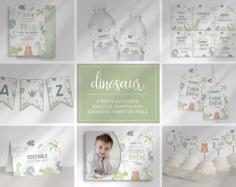 Paquete editable de fiesta de cumpleaños de dinosaurios / Funciona para cualquier edad / Invitación imprimible DIY