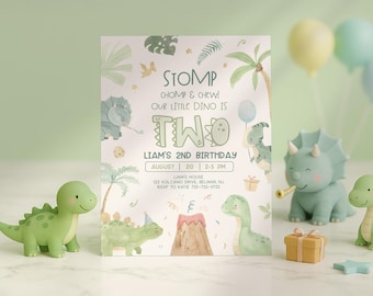 Watercolor Dinosaur 2nd Birthday Invitation, Jurassic Two Party Invite (Digital Download)