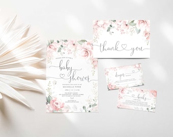 Watercolor Floral Baby in Bloom Shower Invitation Bundle, Hand Painted Invite Set (Digital Download)