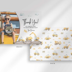 Front and back view of the card: the front shows the boy's photo mockup beside the construction-themed thank you message, and the back shows a scattered pattern of dump trucks and excavators.