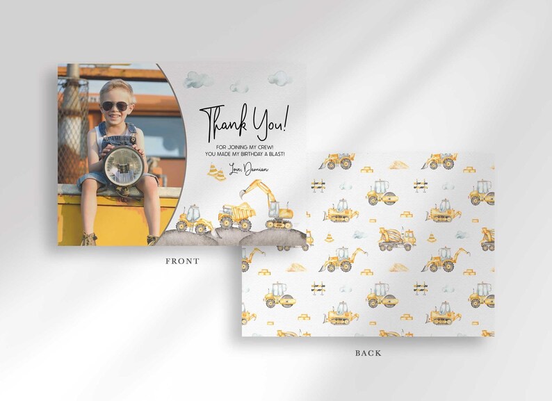 Front and back view of the card: the front shows the boy's photo mockup beside the construction-themed thank you message, and the back shows a scattered pattern of dump trucks and excavators.