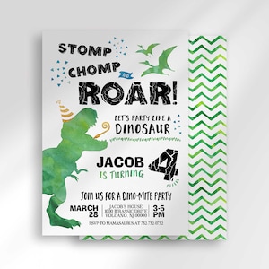 Stomp Chomp Roar Dinosaur Invitation, Boy Jurassic Party Invite (Digital Download)