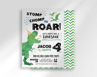 Stomp Chomp Roar Dinosaur Invitation, Boy Jurassic Party Invite (Digital Download)