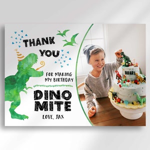 Cartão de agradecimento de dinossauro editável | Download digital instantâneo | Cartão de agradecimento com foto | Obrigado T-Rex | Corjl.com