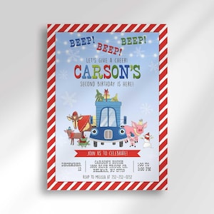 A winter truck-themed birthday invitation with a red and white candy cane striped border, reading 'Beep! Beep! Let's give a cheer, Carson's second birthday is here!' with an illustrated blue truck carrying a Christmas tree, gifts, a reindeer, a pig, and a snowman, plus date, address, time, and RSVP details.