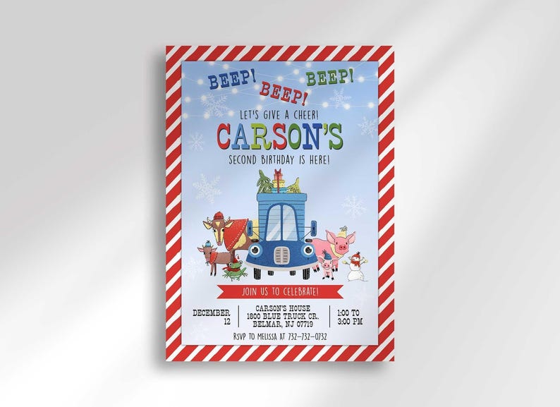 A winter truck-themed birthday invitation with a red and white candy cane striped border, reading 'Beep! Beep! Let's give a cheer, Carson's second birthday is here!' with an illustrated blue truck carrying a Christmas tree, gifts, a reindeer, a pig, and a snowman, plus date, address, time, and RSVP details.