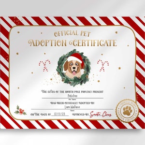Certificado de adopción de cachorro de Navidad editable / Adopción de mascotas