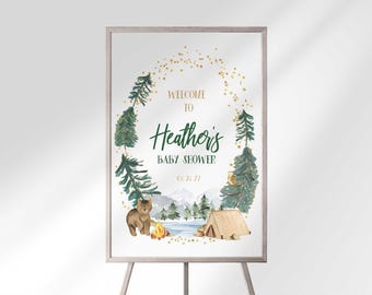 Modello modificabile per il cartello di benvenuto del baby shower a tema "La nostra più grande avventura", decorazioni per feste a tema esploratori del bosco (download digitale)