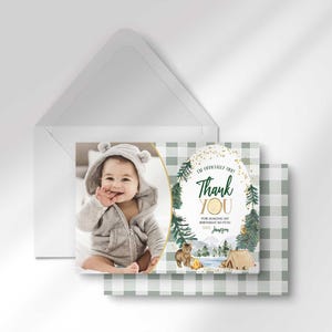 Jameson's camping-themed thank you photo card layered in front of its matching envelope and a second card showing a sage green checkered back design.