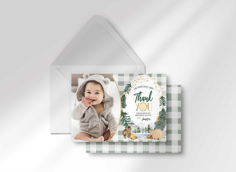 Jameson's camping-themed thank you photo card layered in front of its matching envelope and a second card showing a sage green checkered back design.
