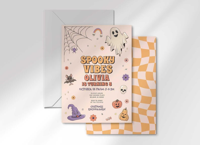 The 'Spooky Vibes' Halloween birthday invitation for Olivia layered in front of its matching envelope and a second card showing the orange checkered back design.