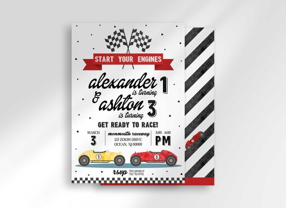 Editable Race Car Birthday Invitation for Two Birthdays | Edit at Corjl.com | Instant Download | Printable Invitation | Vintage | Retro Il_570xn