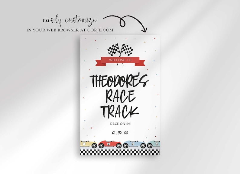 A digital graphic of a race car birthday welcome sign with an annotation at the top indicating easy customization.