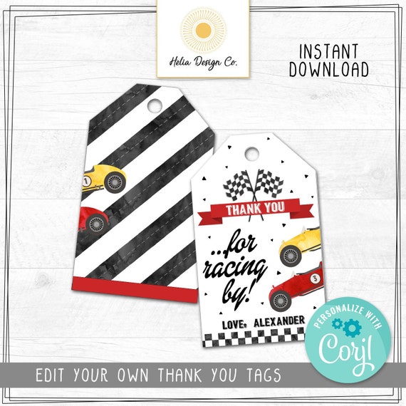NEW! Edit Yourself Race Car Birthday Thank You Tag | Edit at Corjl.com | Favor | Instant Download | Printable DIY | Custom Name Il_570xn
